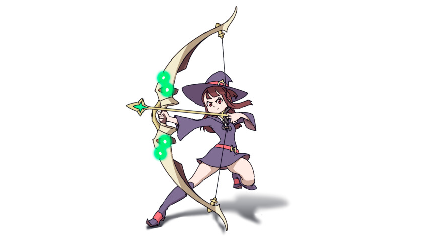 1girl archery boots bow brown_hair emiladylbekuulu hat kagari_atsuko legs little_witch_academia long_hair non-web_source red_eyes shiny_rod_(little_witch_academia) skirt studio_trigger trigger_(company) witch_hat