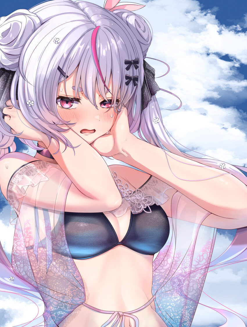 1girl bikini black_bikini blue_sky blush bow breasts choker cloud double_bun embarrassed gradient_hair grey_hair hair_bow hair_bun hair_ornament hairclip hand_on_own_cheek hand_on_own_face hatogayar highres lace lace_sleeves long_hair looking_at_viewer medium_breasts multicolored_hair navel off-shoulder_bikini off_shoulder open_mouth pink_hair purple_choker purple_eyes purple_hair see-through_clothes see-through_sleeves shawl short_eyebrows sky solo stomach streaked_hair swimsuit tosaki_mimi tosaki_mimi_(vspo!_summer_2024) upper_body very_long_hair virtual_youtuber vspo!
