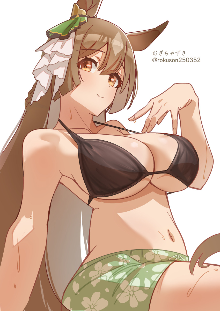 1girl absurdres animal_ears artist_name bikini black_bikini breasts brown_hair cleavage closed_mouth collarbone commentary cowboy_shot floral_print floral_print_shorts green_shorts highres horse_ears horse_girl large_breasts long_hair mugichazuki navel print_shorts satono_diamond_(umamusume) short_sleeves shorts simple_background smile solo split_mouth stomach strap_gap swimsuit twitter_username umamusume underboob white_background