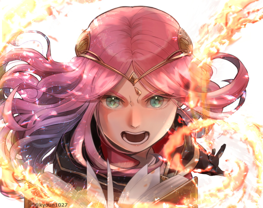 1girl aqua_eyes banner black_gloves book close-up diadem fire frederica_aesfrost gloves highres iloveff long_hair looking_at_viewer open_mouth pink_hair pyrokinesis shouting simple_background solo teeth triangle_strategy twitter_username upper_body white_background witch