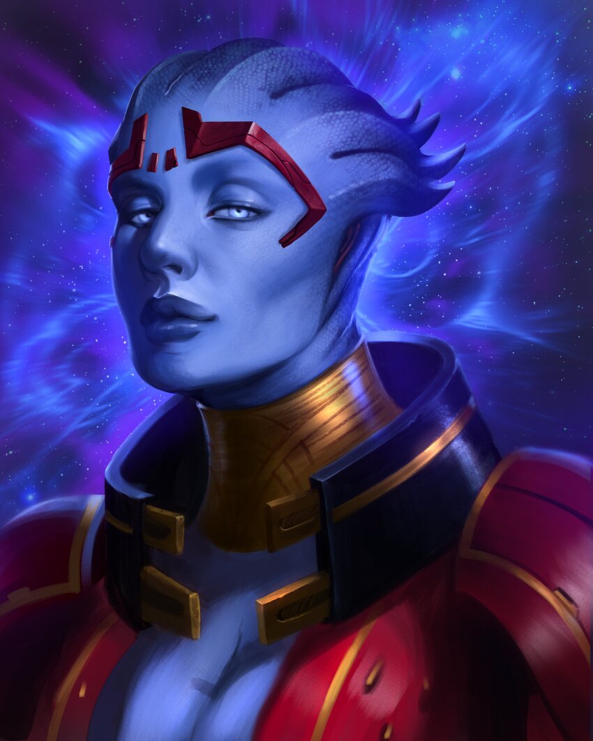 1girl absurdres alien asari_(mass_effect) blue_eyes blue_skin caio_santos colored_skin gold_collar highres looking_at_viewer mass_effect_(series) samara_(mass_effect) solo upper_body