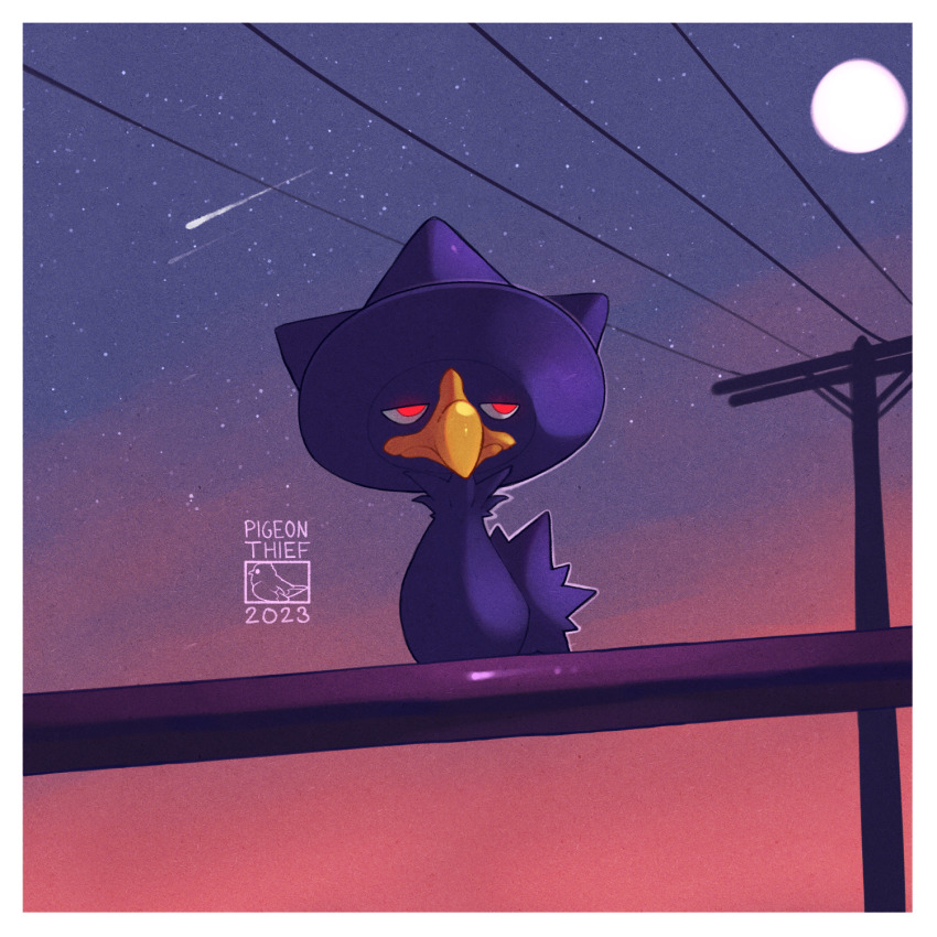animal_focus artist_logo artist_name bird commentary english_commentary full_body full_moon gen_2_pokemon glowing glowing_eyes half-closed_eyes highres logo moon murkrow night night_sky nintendo no_humans outdoors perching pigeon_thief pokemon pokemon_(creature) red_eyes shooting_star sky solo star_(sky) starry_sky utility_pole