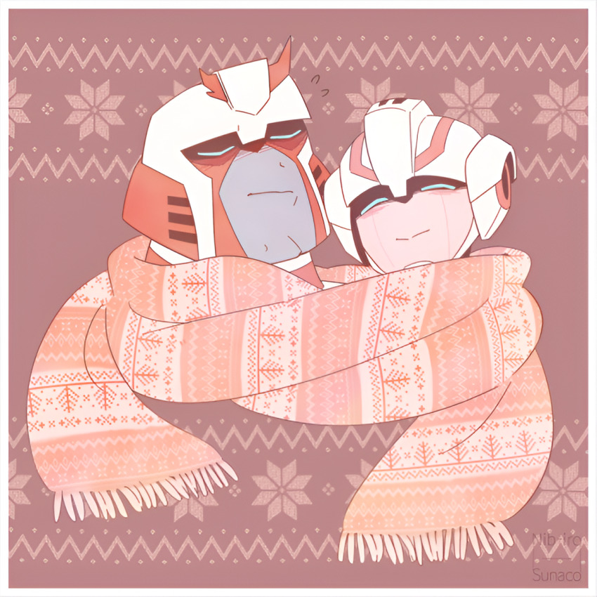 1boy 1girl arcee blue_eyes blush closed_eyes helmet highres humanoid_robot mijinkotail029 ratchet_(transformers) resized robot robot_girl scarf shared_clothes shared_scarf transformers transformers_animated upscaled v-fin