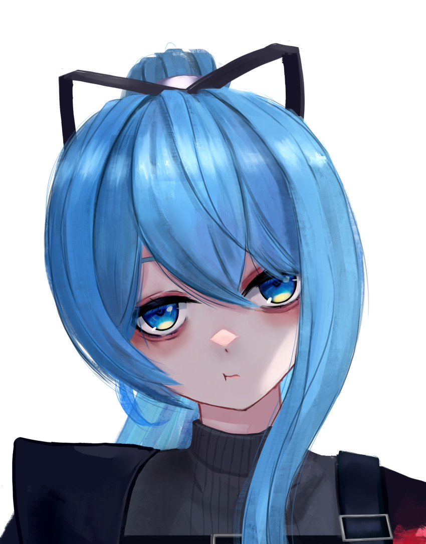 1girl :t absurdres bags_under_eyes black_ribbon blue_eyes blue_hair closed_mouth collared_shirt grey_sweater hair_between_eyes hair_ribbon high_ponytail highres hololive hoshimachi_suisei long_hair looking_at_viewer ponytail ribbon shirt simple_background single_sidelock solo sweater thefatum virtual_youtuber white_background