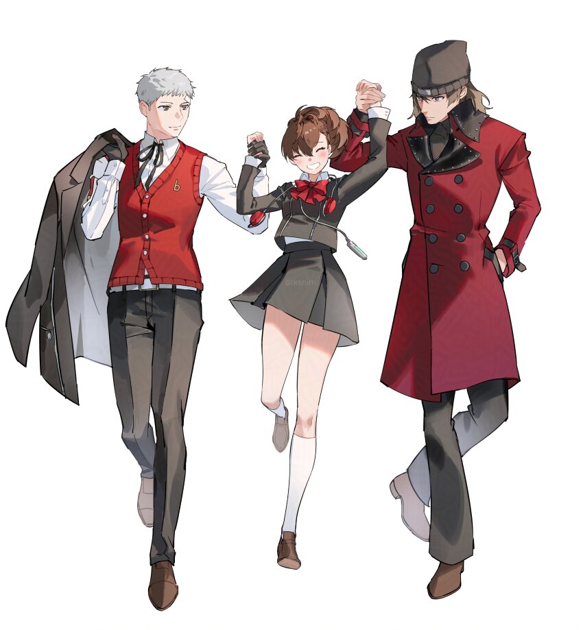 1girl 2boys absurdres aragaki_shinjirou beanie black_gloves black_pants black_ribbon blush brown_hair brown_shoes closed_mouth coat collared_shirt commentary digital_media_player english_commentary full_body gekkoukan_high_school_uniform gloves grey_hair hat highres holding holding_jacket holding_unworn_clothes jacket kneehighs long_sleeves multiple_boys neck_ribbon pants persona persona_3 persona_3_portable red_coat red_sweater_vest ribbon sanada_akihiko school_uniform shiomi_kotone shirt shoes simple_background socks sweater_vest tk_(tksnim) unworn_jacket white_background white_shirt white_socks
