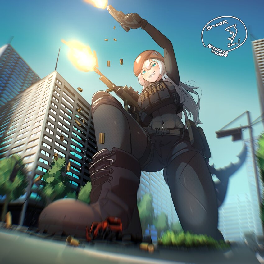 1girl absurdres assault_rifle asymmetrical_dual_wielding blue_hair bullpup car copyright_request dual_wielding fins fish_tail from_below gangsta_hold giant giantess gun handgun highres holding motor_vehicle natsukaze_shigure pistol rifle shark_tail steyr_aug tail weapon