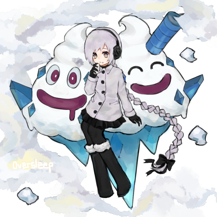 1girl boots bow collared_jacket commentary earmuffs english_commentary food food_on_face fur-trimmed_boots fur_trim gen_5_pokemon gloves grey_eyes grey_hair hair_bow holding holding_food jacket long_hair nintendo oversleep pantyhose pleated_skirt pokemon pokemon_(creature) sekka_yufu sitting skirt utau vanilluxe very_long_hair