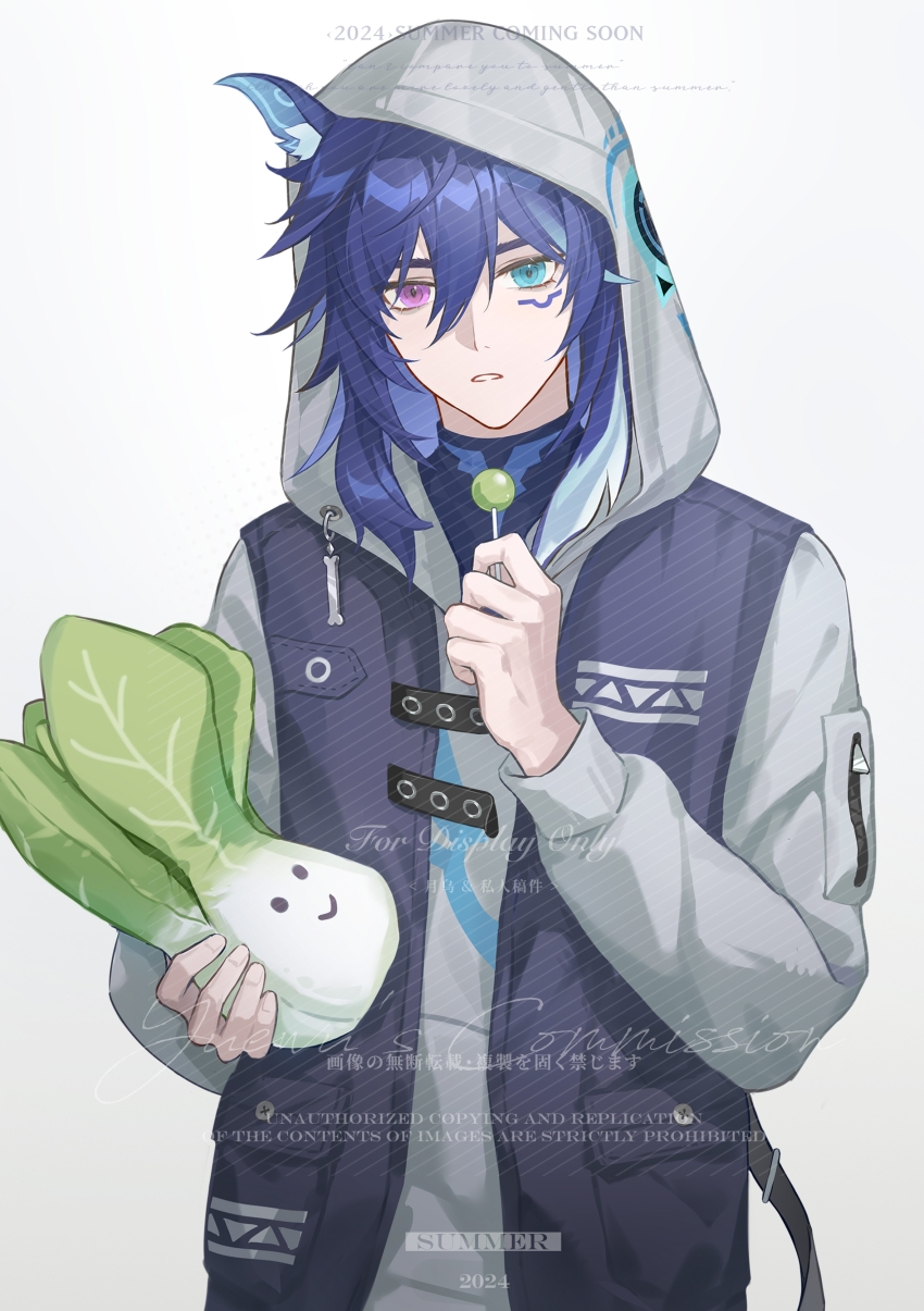 1boy absurdres animal_ear_fluff animal_ears bat_ears blue_hair candy collared_shirt commission contemporary dated facial_tattoo food genshin_impact gradient_background grey_background hair_between_eyes hands_up head_tilt heterochromia highres holding holding_candy holding_food holding_lollipop holding_stuffed_toy hood hood_up hoodie jacket lollipop long_sleeves looking_at_viewer messy_hair multicolored_background multicolored_clothes multicolored_hair ororon_(genshin_impact) parted_lips radish shirt short_hair simple_background solo streaked_hair stuffed_toy sweets tattoo yexiuyexiuyexiu
