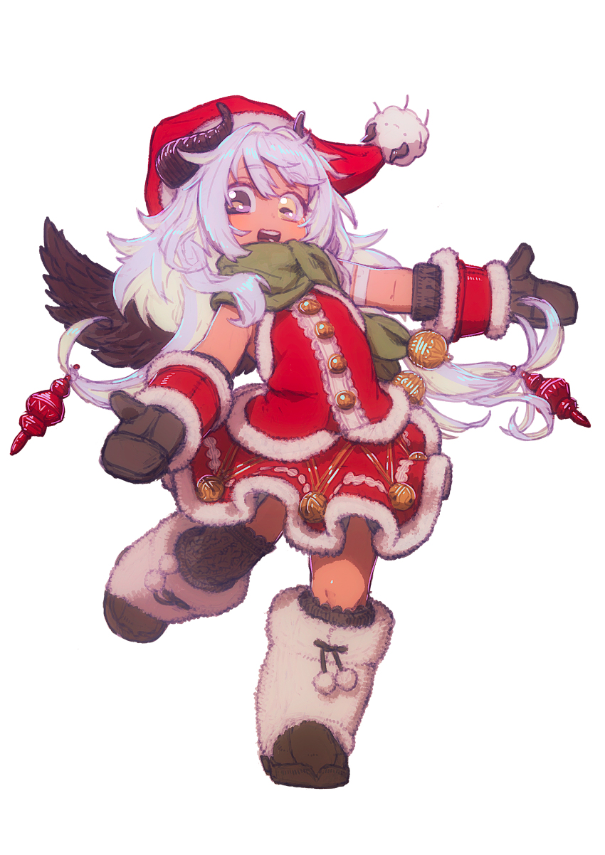 1girl absurdres alternate_costume amaryllis_gumi black_eyes black_wings boots brown_mittens christmas colored_inner_hair dark-skinned_female dark_skin demon_girl dress feral_lemma floating_hair full_body fur-trimmed_skirt fur-trimmed_vest fur_boots fur_trim gold_buttons green_scarf hat heterochromia highres horizontal_pupils horns knee_boots long_hair looking_at_viewer mittens multicolored_hair open_mouth outstretched_arms purple_hair red_hat red_skirt red_vest santa_costume santa_dress santa_hat scarf simple_background skirt smile solo spread_arms standing standing_on_one_leg vest virtual_youtuber wings yellow_eyes yotsutsuji_mayoi