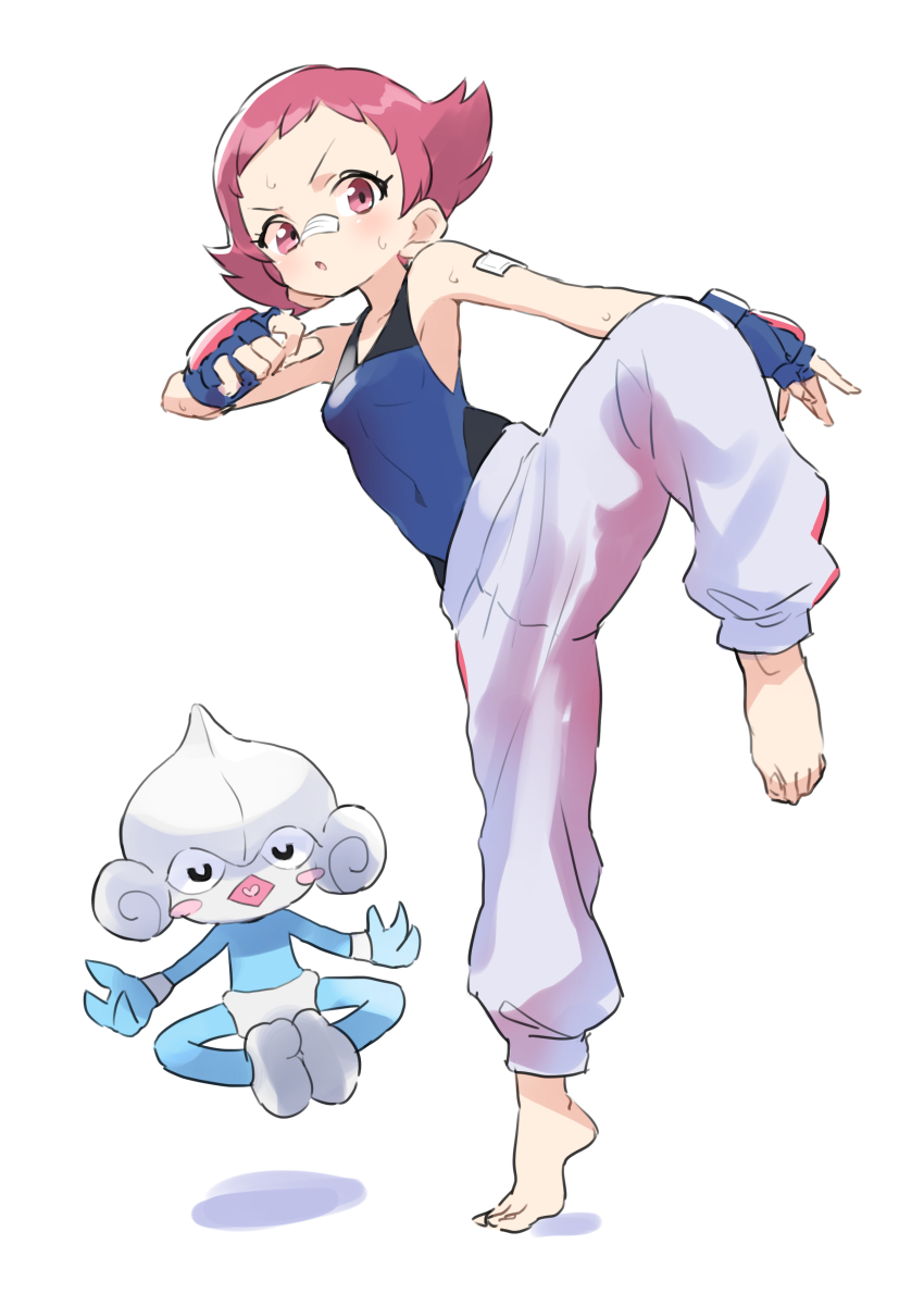 1girl :o absurdres bandaid bandaid_on_arm bandaid_on_face bandaid_on_nose barefoot blue_gloves blush bodysuit commentary eyelashes fingerless_gloves full_body gazacy_(dai) gen_3_pokemon gloves grey_pants gym_leader highres maylene_(pokemon) meditite nintendo open_mouth pants pink_eyes pink_hair pokemon pokemon_(creature) pokemon_dppt short_hair standing standing_on_one_leg sweat toes