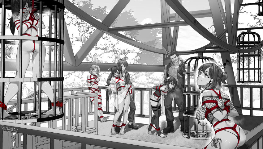 2boys 5girls against_railing arms_behind_back barefoot bdsm bondage bound bound_ankles bound_arms bound_legs breasts cage chen_zi commentary_request completely_nude earbuds earphones ferris_wheel hairband highres hitachi_magic_wand in_cage large_breasts medium_breasts multiple_boys multiple_girls musical_note nipple_clamps nude object_insertion original outdoors pussy_juice railing rope sex_toy shibari spoken_musical_note spot_color stirrup_legwear toeless_legwear vaginal vaginal_object_insertion vibrator