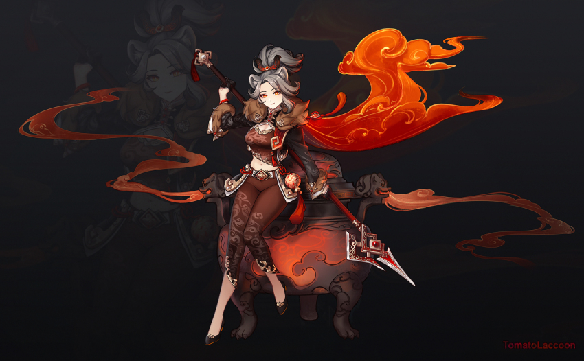 1girl animal_ear_fluff animal_ears artist_name black_background black_gloves black_pants black_shoes breasts cleavage closed_mouth commentary crop_top fur_trim gem genshin_impact gloves grey_hair hand_up high_heels highres holding holding_polearm holding_weapon large_breasts long_hair long_sleeves looking_at_viewer midriff mole mole_on_stomach navel orb original pants polearm red_eyes red_gemstone shoes smile tassel tomatolaccoon weapon zoom_layer