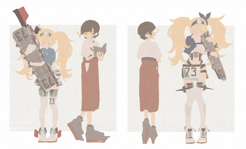 &gt;_&lt; 2girls black_hair blonde_hair blue_eyes blue_shirt blunt_bangs blush book brown_eyes closed_eyes flight_deck gambier_bay_(kancolle) gambier_bay_mk_ii_(kancolle) gloves hair_ribbon hairband hakama haruta_(hrtco) highres holding holding_book japanese_clothes kantai_collection kimono long_hair multiple_girls multiple_views no_mouth red_hakama ribbon rudder_footwear shirt shoes shorts simple_background skirt sneakers sparkle standing thighhighs twintails white_gloves white_kimono yawata_maru_(kancolle)