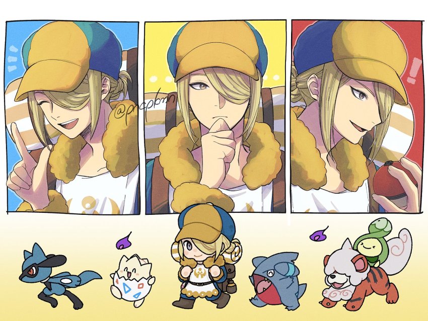 ! 1boy backpack bag blonde_hair blue_jumpsuit boots brown_bag brown_footwear budew collarbone commentary_request gen_2_pokemon gen_4_pokemon gible hair_over_one_eye hand_on_own_chin hand_up hat hisuian_growlithe hisuian_poke_ball holding holding_poke_ball index_finger_raised jumpsuit male_focus multiple_views nintendo poke_ball pokemon pokemon_(creature) pokemon_legends:_arceus punico_(punico_poke) riolu short_hair strap stroking_own_chin thinking togepi twitter_username volo_(pokemon)