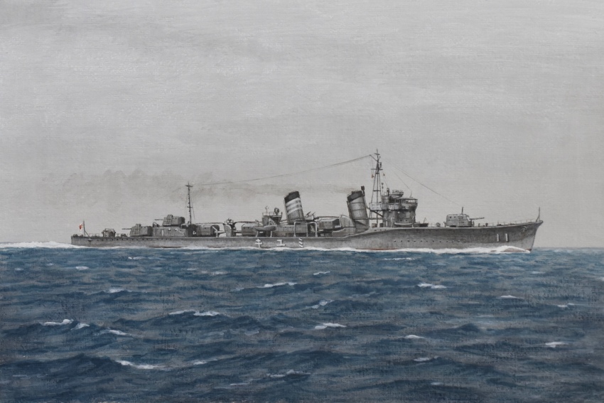 absurdres acrylic_paint_(medium) atelier_bono cannon cloud cloudy_sky grey_sky gunboat highres imperial_japanese_navy mast no_humans ocean original painting_(medium) ship_turret sky smokestack traditional_media vehicle_focus watercraft weapon