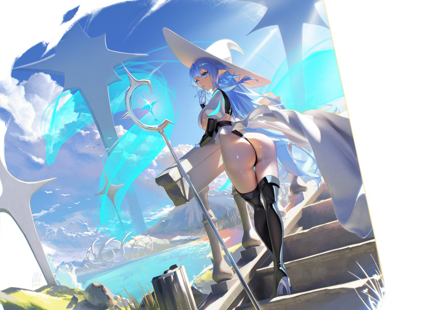 1girl absurdres animal_skeleton ass black_boots black_leotard blue_eyes blue_hair blue_sky blue_tongue boots breasts cloud colored_extremities colored_tongue commentary crossed_legs day english_commentary fantasy hat high_heel_boots high_heels highleg highleg_leotard highres lake large_breasts leotard long_hair long_pointy_ears looking_at_viewer mage_staff original outdoors paulluxh pointy_ears sky slime_(creature) solo stairs standing thigh_boots thigh_gap thong_leotard very_long_hair volcano water white_hat witch_hat