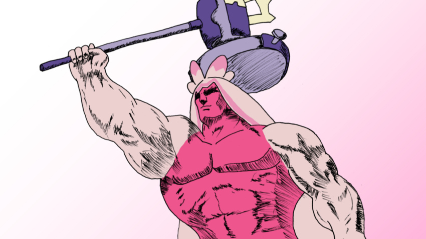 1girl abs arm_up artist_request creepy gradient_background hammer hokuto_no_ken holding holding_hammer huge_weapon i_don&#039;t_have_a_single_regret_in_my_life meme nintendo no_humans parody pectorals pink_background pokemon pokemon_(creature) raoh_(hokuto_no_ken) shaded_face simple_background solo style_parody tinkaton weapon