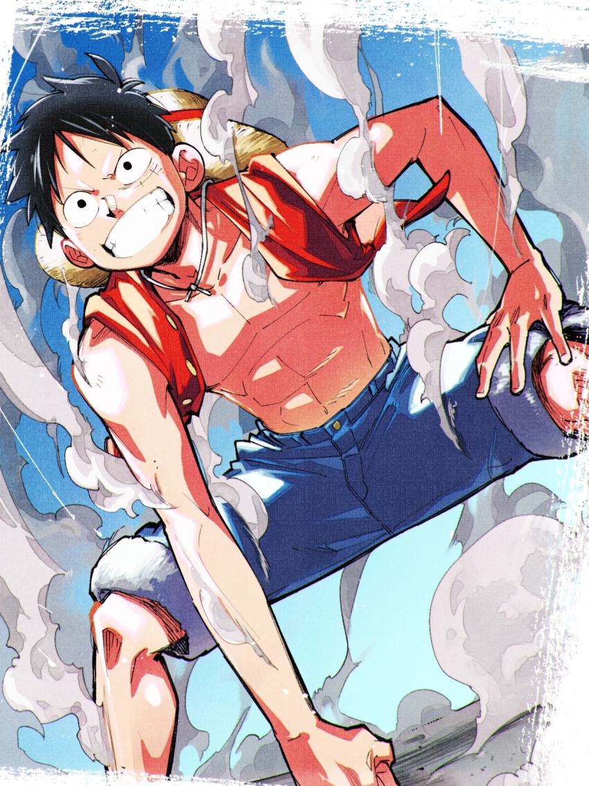 1boy abs black_hair blue_shorts collarbone denim denim_shorts gear_second hat highres male_focus monkey_d._luffy muscular muscular_male one_piece red_vest scar scar_on_face short_hair shorts solo straw_hat takeuchi_(a3) vest