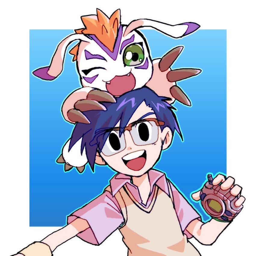 black_eyes blue_background blue_hair border digimon digimon_(creature) digimon_adventure digivice fangs gomamon green_eyes highres kido_jo megane_mochi on_head one_eye_closed red_hair shirt simple_background sweater upper_body white_border white_fur white_shirt white_sweater