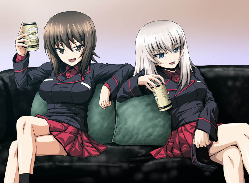 1girl 2girls absurdres alcohol beer beer_can birthday black_jacket blue_eyes breast_pocket breasts brown_eyes brown_hair can couch cross crossed_legs dated drink_can english_text garrison_cap girls_und_panzer grey_hair hat highres holding holding_can holding_unworn_clothes holding_unworn_hat iron_cross itsumi_erika jacket kamishima_kanon kuromorimine_military_uniform large_breasts long_hair long_sleeves looking_at_viewer lower_teeth_only military military_uniform multiple_girls nishizumi_maho open_mouth pleated_skirt pocket red_shirt red_skirt shirt short_hair skirt solo teeth unworn_hat unworn_headwear