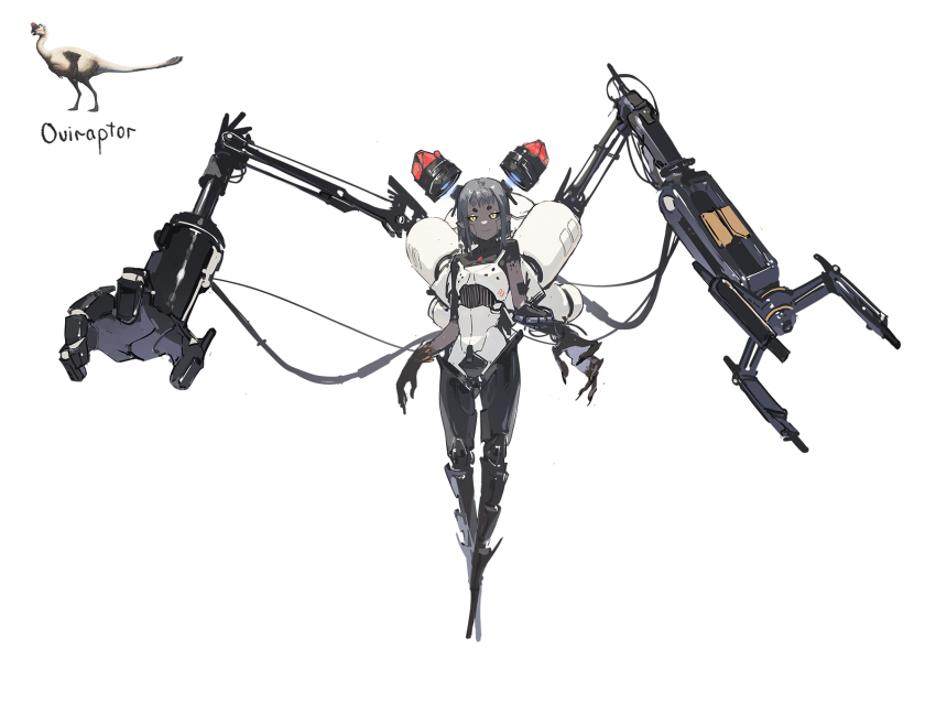 1girl asymmetrical_arms black_sclera cable colored_sclera colored_skin commentary cyborg dino_(dinoartforame) english_commentary extra_arms full_body grey_hair grey_skin highres looking_at_viewer mechanical_arms no_feet original oversized_forearms oversized_limbs personification pointy_ears raptor reference_inset slit_pupils smile solo white_background yellow_eyes