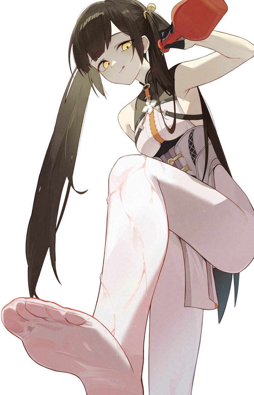 1girl :q absurdres arm_up armpits asame_(asame47) bare_shoulders barefoot black_hair black_survival bottle breasts closed_mouth dress eternal_return:_black_survival feet highres holding holding_bottle leg_up li_dailin long_hair looking_at_viewer no_panties official_alternate_costume pelvic_curtain pouring pouring_onto_self short_dress simple_background sleeveless sleeveless_dress small_breasts smile soles solo thighs toes tongue tongue_out twintails white_background white_dress yellow_eyes