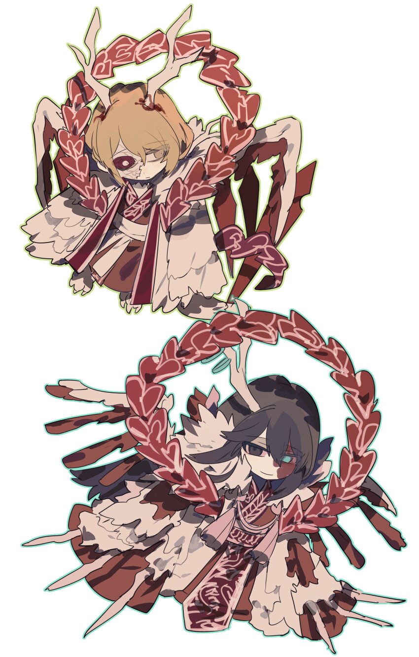 2boys absurdres animal_focus aqua_eyes black_hair blonde_hair blood blood_on_hands bright_pupils chibi chibi_only chinese_clothes chinese_commentary cloak closed_mouth colored_sclera e.g.o_(project_moon) eastern_dragon_horns facial_mark full_body grey_eyes hagoromo hanfu heterochromia highres hong_lu_(project_moon) horn_ornament horn_ring horns itokenaikei limbus_company long_hair long_sleeves looking_at_viewer looking_to_the_side male_focus multiple_boys project_moon red_hanfu red_sash red_sclera sash shawl simple_background sinclair_(project_moon) single_horn smile tassel tears_of_the_tarnished_blood_(e.g.o) white_background white_cloak white_pupils wide_sleeves wings yellow_eyes zhijupao