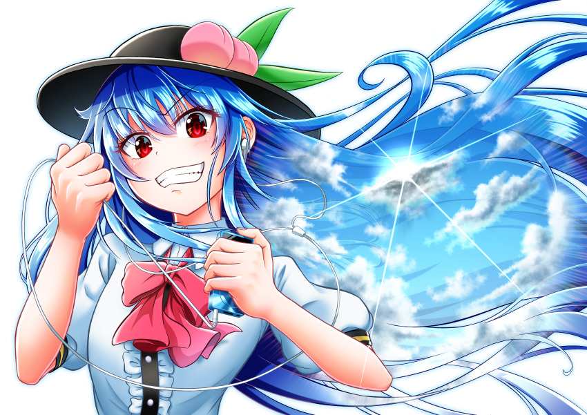 1girl absurdres apple_inc. black_hat blue_hair bow bowtie buttons center_frills clenched_hand collared_shirt digital_media_player earphones frills hair_between_eyes hat hat_ornament highres hinanawi_tenshi holding ipod leaf_hat_ornament long_hair open_mouth over3010 peach_hat_ornament puffy_short_sleeves puffy_sleeves red_bow red_bowtie red_eyes shirt short_sleeves simple_background solo teeth touhou upper_body very_long_hair white_background white_shirt