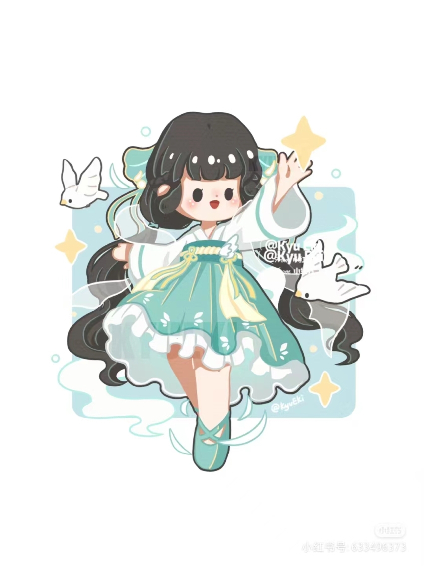 (symbol) 1girl :d bird black_hair chibi chinese_clothes full_body hanfu highres long_hair long_sleeves low_twintails open_mouth qixiong_ruqun smile solo star twintails very_long_hair wide_sleeves
