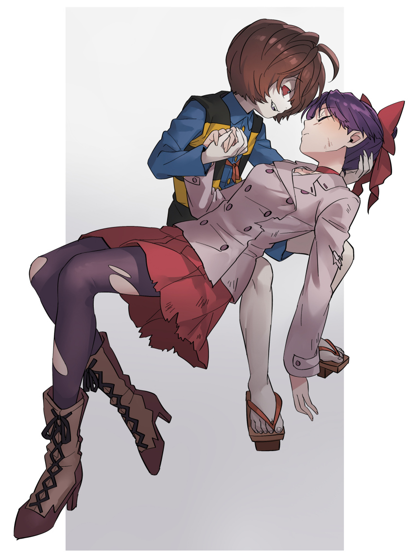 1boy 1girl absurdres boots bow brown_hair colored_sclera commentary_request evil_smile fang gegege_no_kitarou hair_bow hair_over_one_eye hand_on_another&#039;s_head highres holding_hands jacket kitarou nekomusume nekomusume_(gegege_no_kitarou_6) on_lap pale_skin pantyhose purple_hair red_sclera sandals short_hair silanduqiaocui skirt smile torn_clothes torn_pantyhose