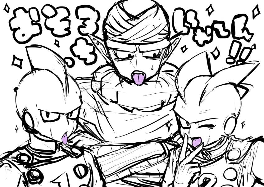 3boys android belt brothers cape cunnilingus_gesture dolphin_boy dougi dragon_ball dragon_ball_super dragon_ball_super_super_hero facing_viewer fins from_front from_side frown furrowed_brow gamma_1 gamma_2 gloves greyscale hand_up head_fins highres jacket lineart long_sleeves looking_at_another looking_at_viewer male_focus monochrome multiple_boys no_eyebrows number_print obata2nd one_eye_closed open_mouth piccolo pointy_ears siblings simple_background sketch sleeveless smile sparkle teeth tongue tongue_out translation_request turban turtleneck turtleneck_jacket twins upper_body upper_teeth_only v wink