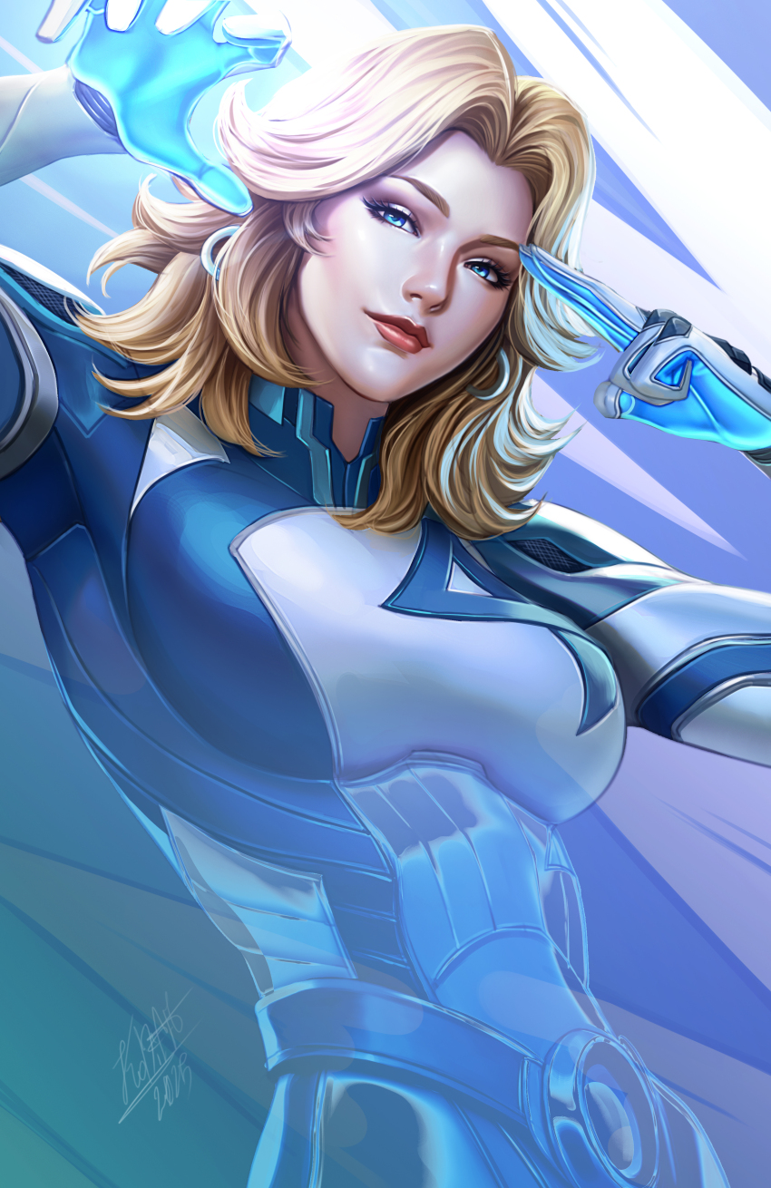 1girl absurdres blonde_hair blue_bodysuit blue_eyes bodysuit breasts fantastic_four highres kodiart96 long_hair looking_at_viewer marvel marvel_rivals medium_breasts signature solo sue_storm superhero_costume two-tone_bodysuit white_bodysuit