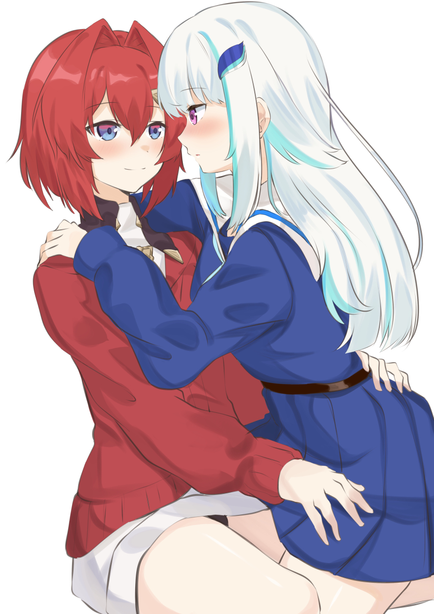 2girls absurdres ange_katrina ange_katrina_(1st_costume) arm_around_waist black_panties blue_eyes blue_hair blue_shirt blue_skirt blush cardigan closed_mouth commentary_request double-parted_bangs dress eye_contact hair_between_eyes hair_intakes hair_ornament hand_on_another&#039;s_shoulder highres lize_helesta lize_helesta_(4th_costume) long_bangs long_hair long_sleeves looking_at_another medium_hair miniskirt multicolored_hair multiple_girls nijisanji panties parted_lips pleated_skirt purple_eyes red_cardigan red_hair sailor_collar shirt short_dress sidelocks simple_background sitting skirt smile split_mouth straddling streaked_hair thigh_straddling two-tone_hair underwear viet_(yomi0556) virtual_youtuber white_background white_dress white_hair white_sailor_collar yuri