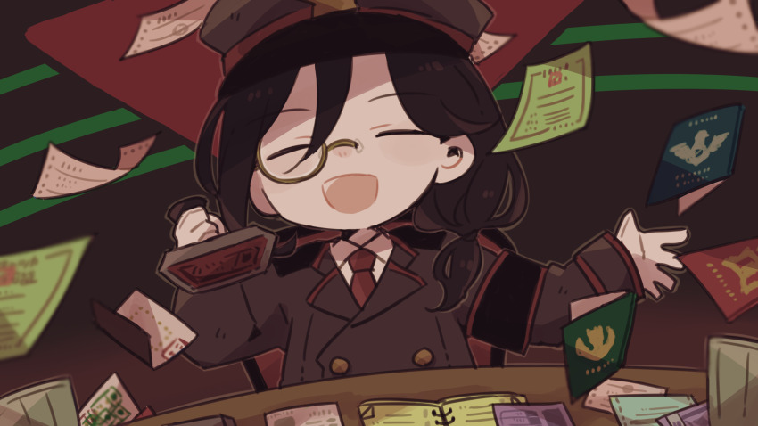 1boy absurdres armband black_armband brown_hat brown_jacket buttons chair closed_eyes collared_shirt desk double-breasted flying_paper gloves hair_between_eyes hat highres holding ink_stamp jacket lapels long_sleeves male_focus monocle necktie nijisanji notched_lapels open_mouth outstretched_arm paper papers_please passport peaked_cap red_necktie shellin_burgundy shirt sitting smile solo virtual_youtuber white_gloves white_shirt yuki_(yu_kix8)