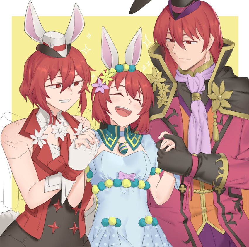 1boy 2girls :d animal_ears bare_shoulders black_gloves brother_and_sister cloak dress ebinku fake_animal_ears fire_emblem fire_emblem:_mystery_of_the_emblem fire_emblem_heroes gloves grin hat highres leotard long_sleeves looking_at_another maria_(fire_emblem) maria_(spring)_(fire_emblem) medium_hair michalis_(fire_emblem) michalis_(spring)_(fire_emblem) minerva_(fire_emblem) minerva_(spring)_(fire_emblem) mini_hat multiple_girls neckerchief nintendo official_alternate_costume open_mouth puffy_short_sleeves puffy_sleeves rabbit_ears red_eyes red_hair short_hair short_sleeves siblings sisters smile upper_body white_gloves yellow_background