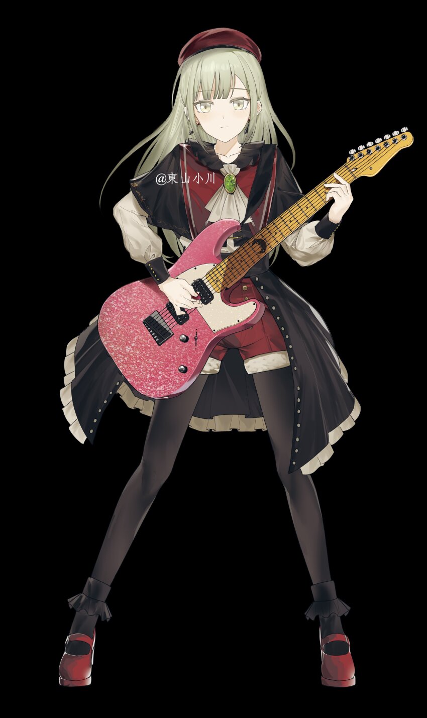 1girl 7-string_guitar absurdres anli_(jwcpp4sum0mgk5r) artist_collaboration ascot bang_dream! bang_dream!_it&#039;s_mygo!!!!! beret black_background black_capelet black_pantyhose black_skirt black_socks capelet collarbone earrings electric_guitar full_body goualice green_brooch green_hair guitar hat highres holding holding_guitar holding_instrument holding_plectrum instrument jewelry long_sleeves looking_at_viewer mortis_(bang_dream!) mortis_(costume)_(bang_dream!) pantyhose pantyhose_under_shorts plectrum red_footwear red_hat red_shorts shirt shorts showgirl_skirt simple_background skirt socks solo wakaba_mutsumi white_ascot white_shirt yellow_eyes