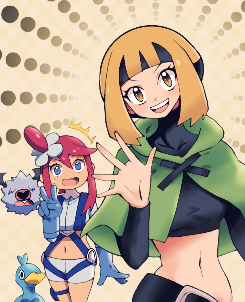2girls batchgooya black_shirt blue_eyes blue_shirt blue_shorts blunt_bangs breasts capelet crop_top dark-skinned_female dark_skin ducklett gardenia_(pokemon) gen_5_pokemon green_capelet hand_wave highres medium_breasts midriff multiple_girls navel nintendo orange_eyes orange_hair orange_pants orange_shorts pants pilot_suit pokemon pokemon_(creature) pokemon_bw pokemon_dppt red_hair shirt short_shorts shorts sidelocks skyla_(pokemon) swept_bangs torn_clothes torn_pants v woobat