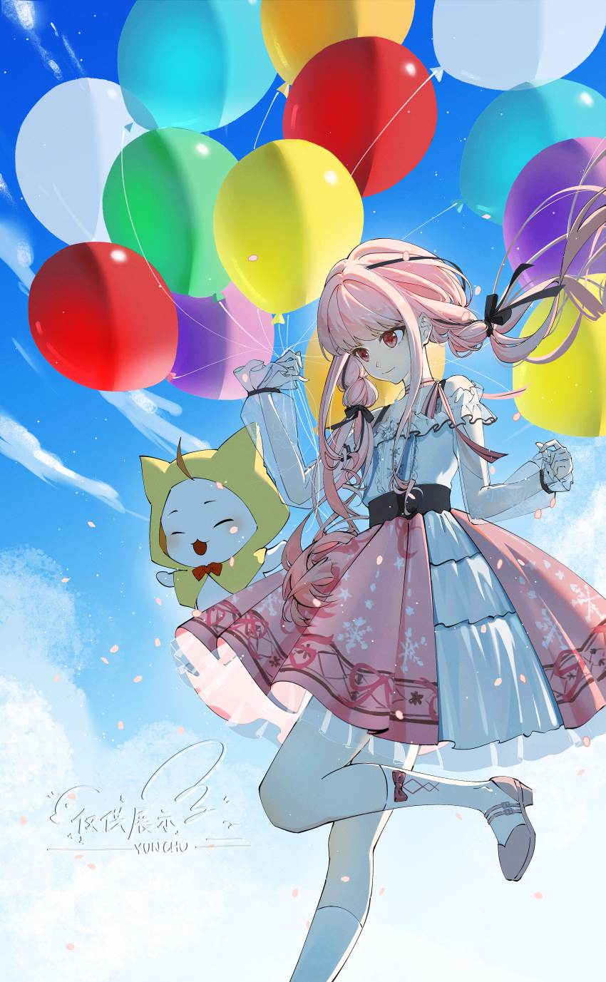 1girl ^_^ absurdres animal ankle_socks balloon bare_shoulders black_bow black_ribbon black_sash blue_sky blunt_bangs bow bow_choker bow_legwear bowtie bra_strap brown_eyes buckle buttons cat choker cloak closed_eyes closed_mouth clothed_animal cloud commentary cross-laced_clothes cross-laced_legwear day ear_covers english_commentary eyelashes floating_hair foot_out_of_frame frilled_shirt frilled_skirt frills gugugu_da_mowang_chu hair_bow hair_half_over_shoulder hair_intakes hair_ribbon happy high_heels highres holding holding_balloon hood hood_up hooded_cloak infinity_nikki layered_skirt leg_up light_blush light_particles long_hair looking_ahead low_twintails miniskirt momo_(nikki) nikki_(nikki) nikki_(series) off-shoulder_shirt off_shoulder open_mouth outdoors petals pink_bow pink_bowtie pink_choker pink_hair pink_shoes pink_skirt pleated_skirt pumps red_bow red_bowtie ribbon sash shirt shoes sidelocks signature single_stripe skirt sky smile snowflake_print socks striped_bow striped_bowtie striped_choker striped_clothes traditional_bowtie tress_ribbon twintails very_long_hair waist_sash white_cat white_shirt white_skirt white_socks yellow_cloak
