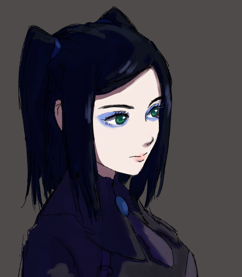 1girl aqua_eyes black_hair blue_eyeshadow closed_mouth commentary english_commentary ergo_proxy eyelashes eyeshadow grey_background highres makeup medium_hair necktie pink_lips purple_necktie re-l_mayer short_necktie simple_background solo two_side_up upper_body zawabug