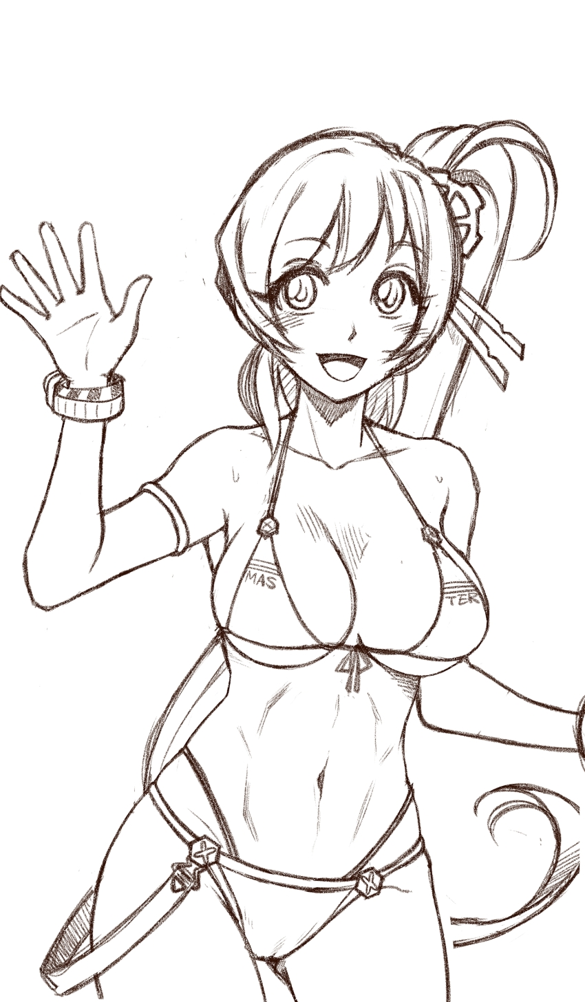 absurdres banghwadongjopidi bikini blush bracelet breasts cameltoe clothes_writing collarbone commentary_request cowboy_shot english_text front-tie_bikini_top front-tie_top gear_hair_ornament greyscale hand_up high_side_ponytail highres jeanie_(master_of_eternity) jewelry korean_commentary linea_alba long_hair looking_at_viewer master_of_eternity medium_breasts monochrome navel open_mouth partial_commentary simple_background sketch skindentation smile string_bikini swept_bangs swimsuit underboob unfinished very_long_hair waving wet white_background