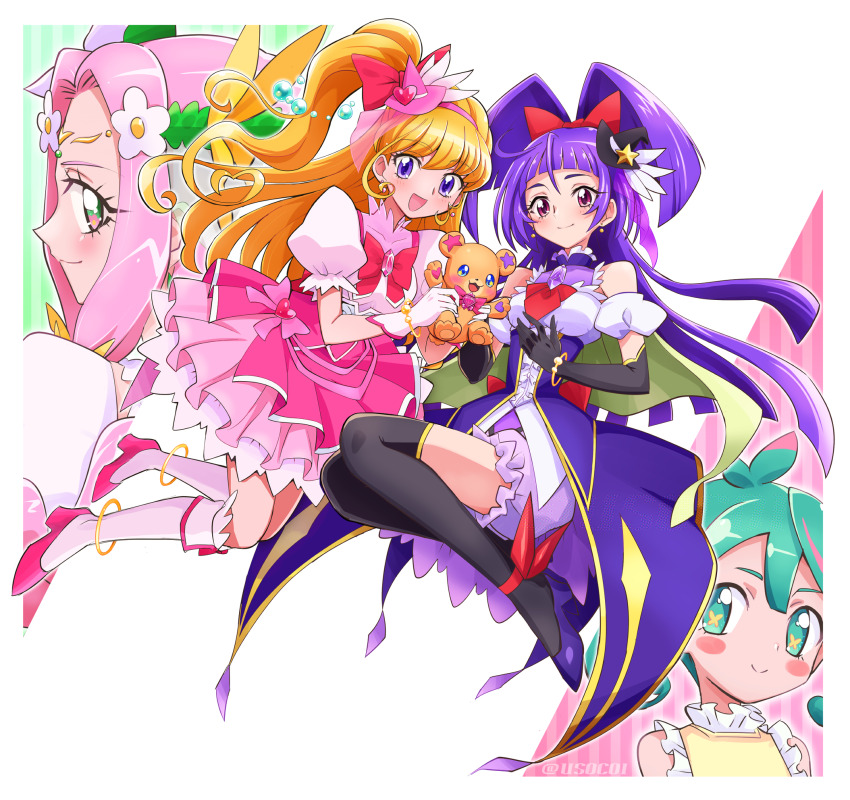 4girls aqua_eyes aqua_hair asahina_mirai black_gloves black_hat black_thighhighs blonde_hair blue_eyes blush bow bowtie brooch butterfly-shaped_pupils closed_mouth commentary_request cure_felice cure_magical cure_miracle detached_sleeves doll dress earrings elbow_gloves fairy flower flower-shaped_pupils gloves green_eyes hair_bow hair_flower hair_ornament hairband hanami_kotoha hat high_heels highres hisui_(precure) holding holding_doll izayoi_liko jewelry kneehighs long_hair magical_girl mahou_girls_precure! mahou_girls_precure!!_mirai_days medium_hair mini_hat mini_witch_hat mofurun_(mahou_girls_precure!) multicolored_hair multiple_girls one_side_up open_mouth pink_bow pink_bowtie pink_eyes pink_hair pink_hairband pink_hat pink_shoes precure puffy_detached_sleeves puffy_short_sleeves puffy_sleeves purple_eyes purple_footwear purple_hair purple_shorts red_bow red_bowtie shirt shoes short_sleeves shorts smile socks star-shaped_pupils star_(symbol) stuffed_animal stuffed_toy symbol-shaped_pupils teddy_bear thighhighs twintails twitter_username two-tone_dress two-tone_hair usoco white_gloves white_socks witch_hat yellow_shirt