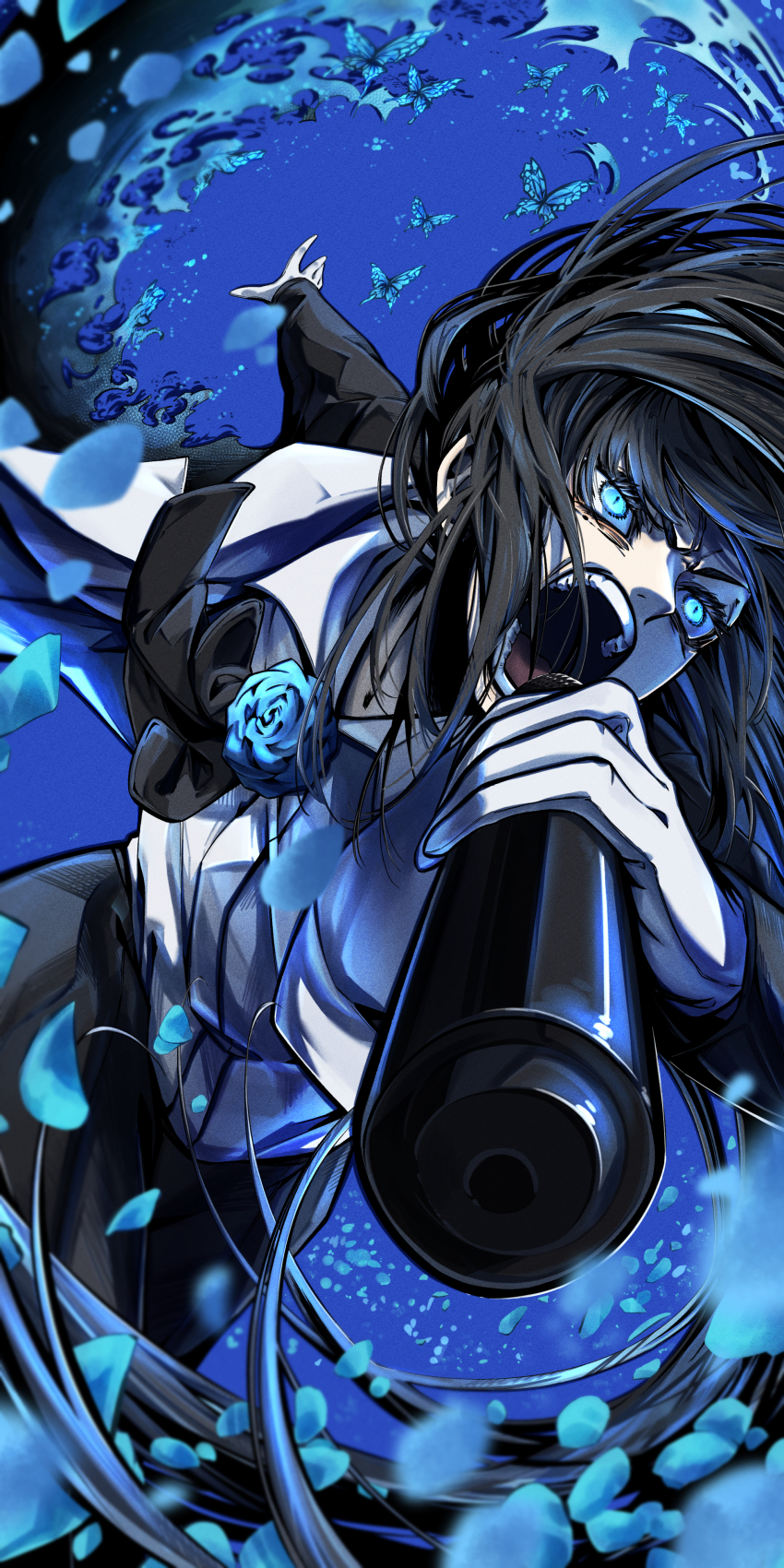 1girl absurdres ado_(utaite) angry black_hair blue_background blue_butterfly blue_eyes blue_flower blue_rose blue_theme brooch bug butterfly chando_(ado) collared_shirt cowboy_shot dress_shirt floating_hair flower flower_brooch formal_clothes furious furrowed_brow gloves glowing glowing_eyes highres holding holding_microphone insect long_hair long_sleeves microphone music niconico outstretched_arm pant_suit pants petals rose screaming shirt singing solo suit taiju_(gr09kuma) teeth utaite v-shaped_eyebrows white_gloves white_shirt
