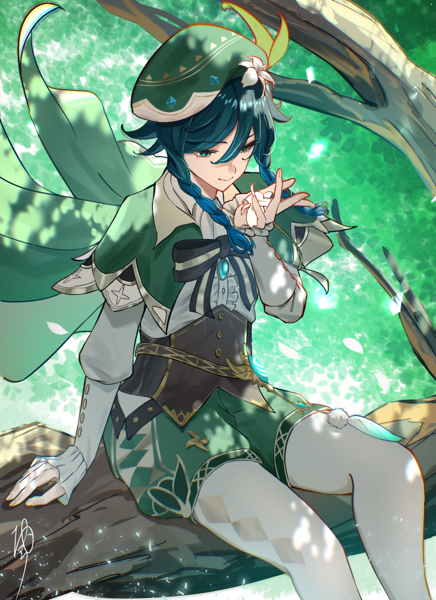 1boy absurdres beret black_hair blue_hair braid cape collared_cape flower genshin_impact gradient_hair green_cape green_eyes green_hat green_shorts hair_ornament hat hat_flower highres in_tree long_sleeves male_focus multicolored_hair oiro_ik short_hair_with_long_locks shorts side_braids sitting sitting_in_tree smile solo tree twin_braids venti_(genshin_impact) white_flower