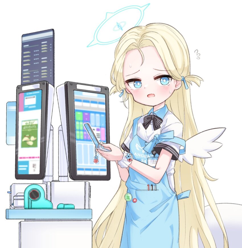 apron blonde_hair blue_apron blue_archive blue_eyes convenience_store forehead hair_ribbon halo highres jokebag long_hair mini_wings parted_bangs ribbon scrunchie shirt shop sora_(blue_archive) store_clerk two_side_up white_shirt white_wings wings wrist_scrunchie