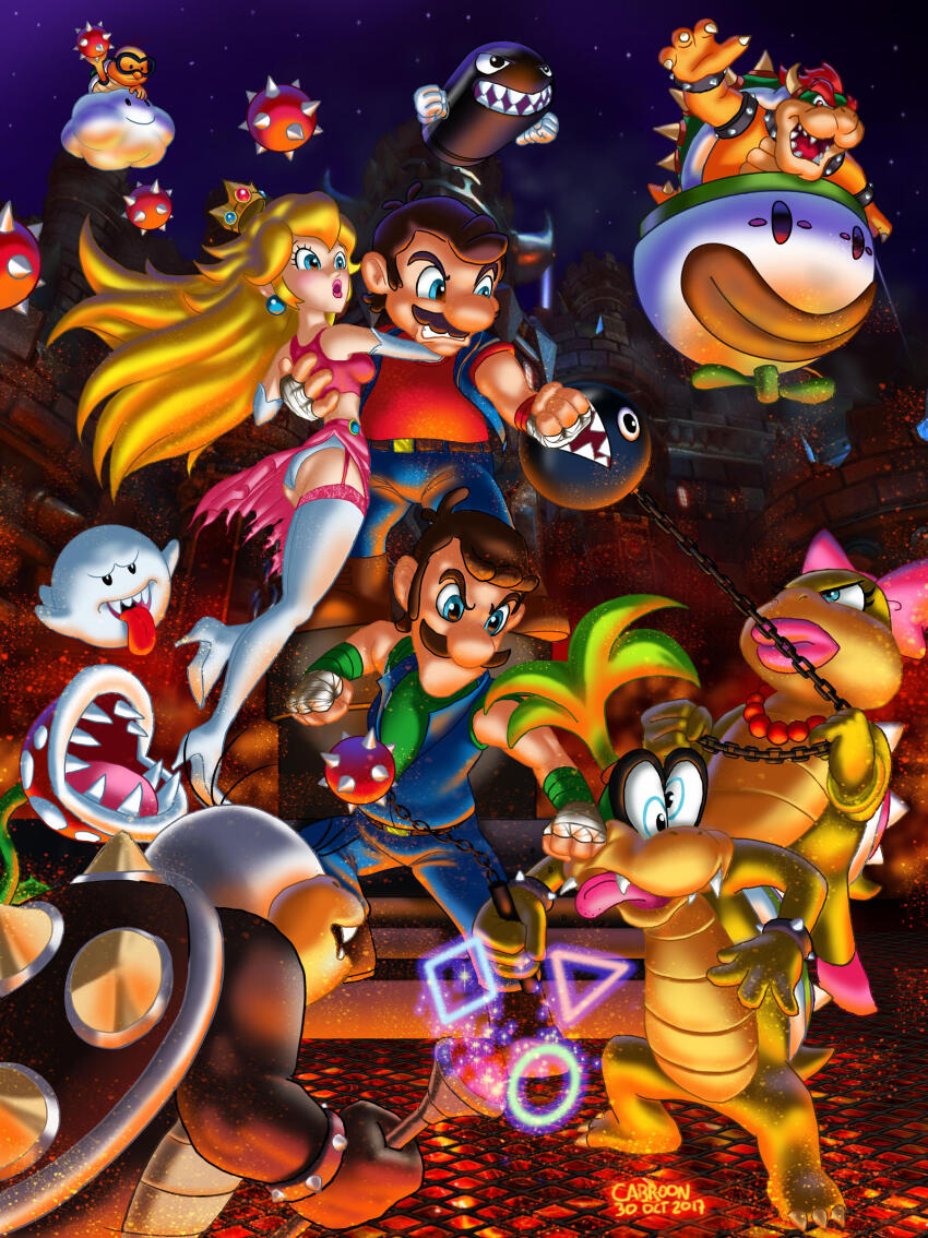 2girls 6+boys angry billy_lee blonde_hair boo_(mario) bow_hairband bowser breasts brothers brown_hair bullet_bill castle chain_chomp claws cosplay crown double_dragon double_dragon_ii_(the_revenge) dress evil_grin evil_smile grin hairband highres horns hug iggy_koopa jacket jimmy_lee koopa_clown_car lipstick long_hair looking_at_another luigi makeup marian_kelly mario mario_(series) morton_koopa_jr. multiple_boys multiple_girls night night_sky nintendo panties pantyhose princess_peach punching red_hair serious siblings sky smile spiked_shell spiny_egg super_mario_bros._3 super_mario_world tale torn_clothes torn_dress underwear upskirt wand wendy_o._koopa white_panties