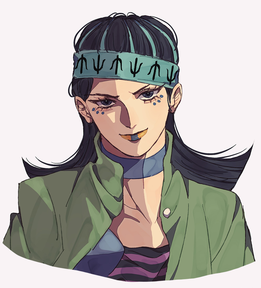 1girl black_eyes black_hair blue_lips choker green_jacket gwess hat highres jacket jojo_no_kimyou_na_bouken looking_at_viewer makeup portrait siniy solo stone_ocean