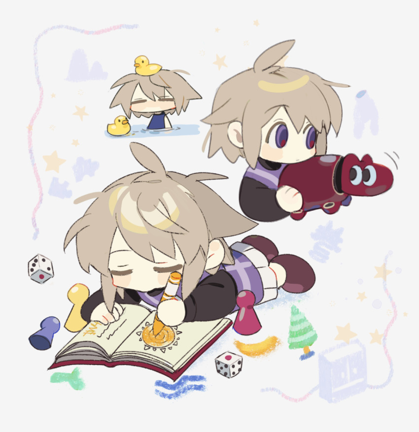 1girl ahoge akabeko banana blush book brown_hair brown_shoes brown_sleeves chibi closed_eyes closed_mouth coloring_book commentary_request crayon dice drawing_(action) food fruit hair_flaps highres holding holding_crayon hrdrifter long_sleeves lying medium_hair multiple_views no_mouth nose_blush object_on_head on_stomach open_book partially_submerged pleated_skirt purple_eyes purple_sweater puzzle_piece ripples rubber_duck school_swimsuit shoes skirt star_(symbol) sweater swimsuit tree unusually_open_eyes urotsuki white_skirt yume_2kki yurie_mouth