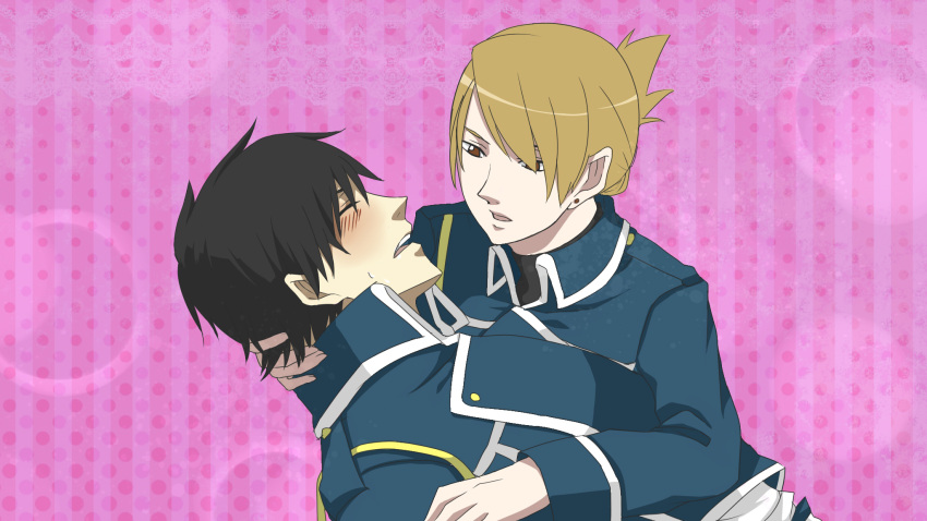 1boy 1girl amestris_military_uniform black_hair blonde_hair brown_eyes commentary_request earrings folded_ponytail fullmetal_alchemist hair_over_one_eye highres ichita_kuuto jewelry military_uniform pink_background riza_hawkeye roy_mustang striped_background stud_earrings sweatdrop