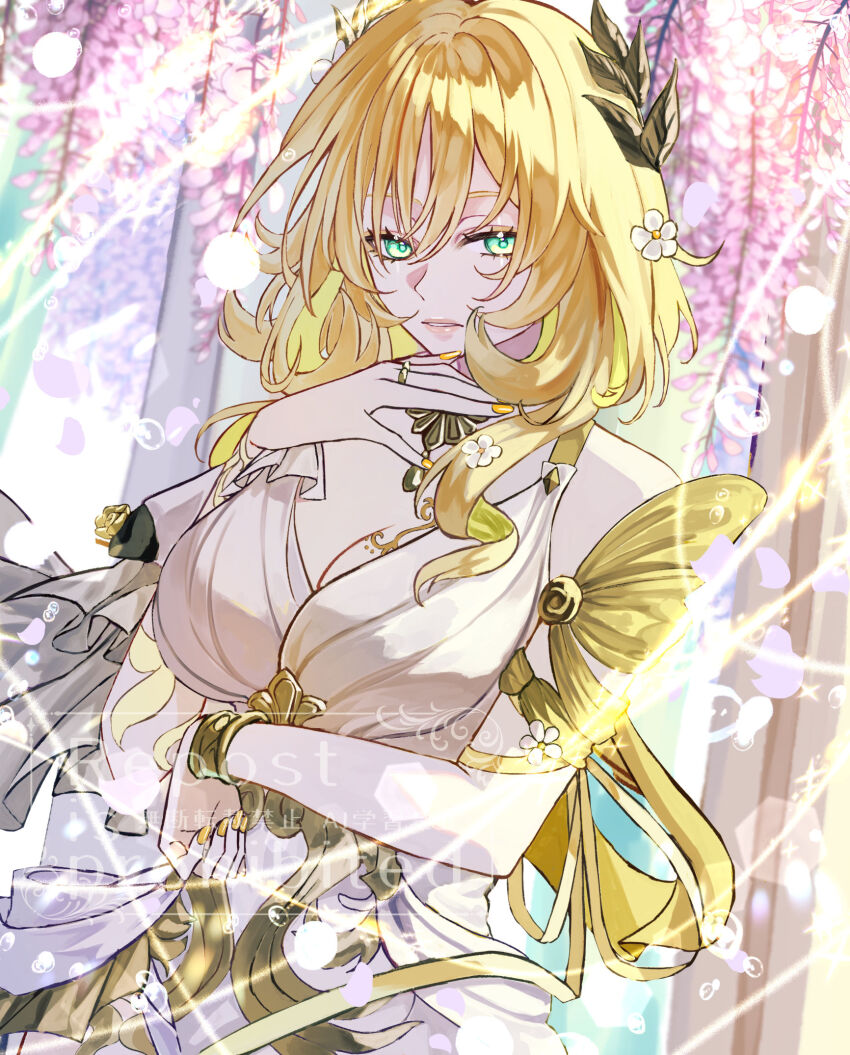 1girl aglaea_(honkai:_star_rail) ancient_greek_clothes breasts cherry_blossoms cleavage commentary_request dress greco-roman_clothes green_eyes highres honkai:_star_rail honkai_(series) jewelry large_breasts laurel_crown nail_polish ring short_hair solo sushi_umi upper_body white_dress yellow_nails
