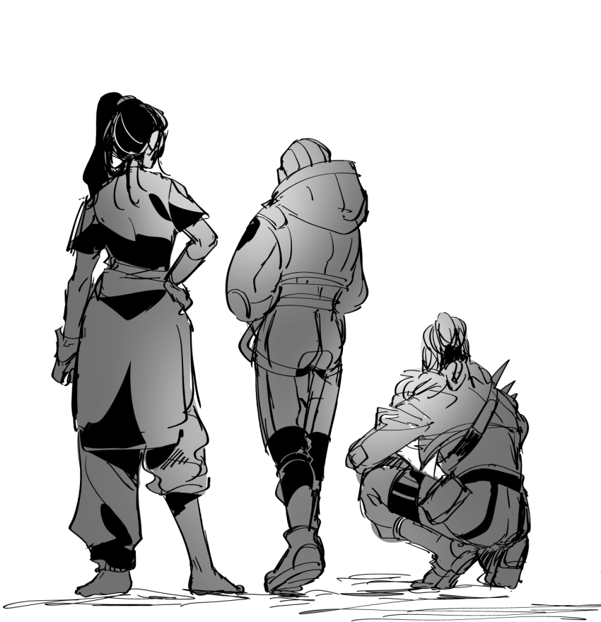 3girls apex_legends bodysuit boots from_behind fur-trimmed_jacket fur_trim gloves greyscale hand_on_own_hip highres hood hood_down hood_up hooded_bodysuit itsuko_(2jdayo) jacket jumpsuit long_hair mad_maggie_(apex_legends) monochrome multiple_girls rampart_(apex_legends) shadow shoes short_hair side_ponytail sketch sneakers squatting wattson_(apex_legends) white_background